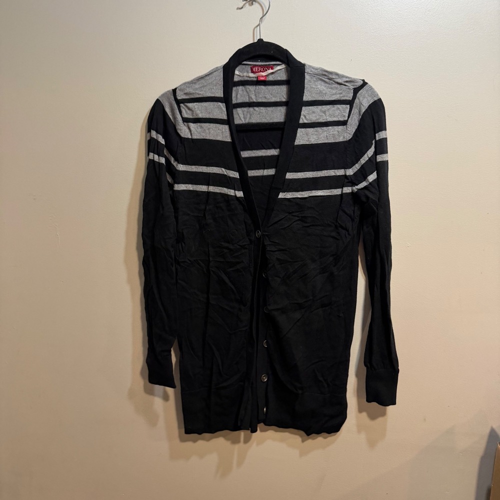 Merona Womens‎ Medium Black Grey Striped Longline V-Neck Button Front Cardigan